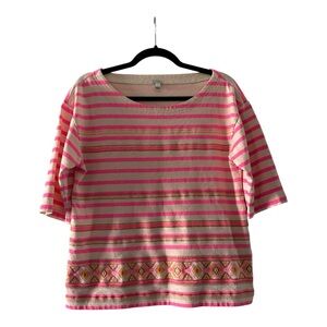 J. Crew Pink and Cream Striped Embroidered Short Sleeve Top